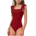 thumbnail image 2 of Bathing Suits for Teens One Piece Girls Swimsuit Ruffle Adjustable Straps One Piece Bathing Suit Solid Color Ruched Girls' Swimwear 9-16Y, 2 of 7