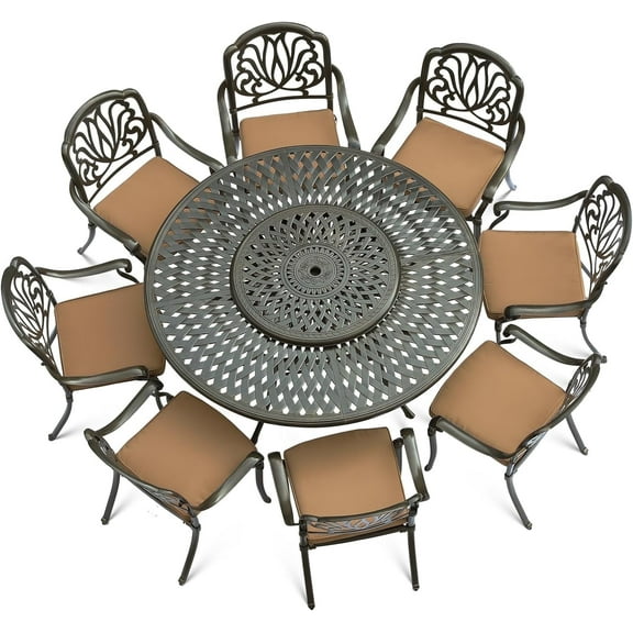 VIVIJASON 9-Piece Patio Furniture Dining Set, Cast Aluminum Rust-Free Outdoor Conversation Set, Include 61" Round Dining Table with 31" Lazy Susan & 8 Cushioned Chairs, Umbrella Hole, Khaki
