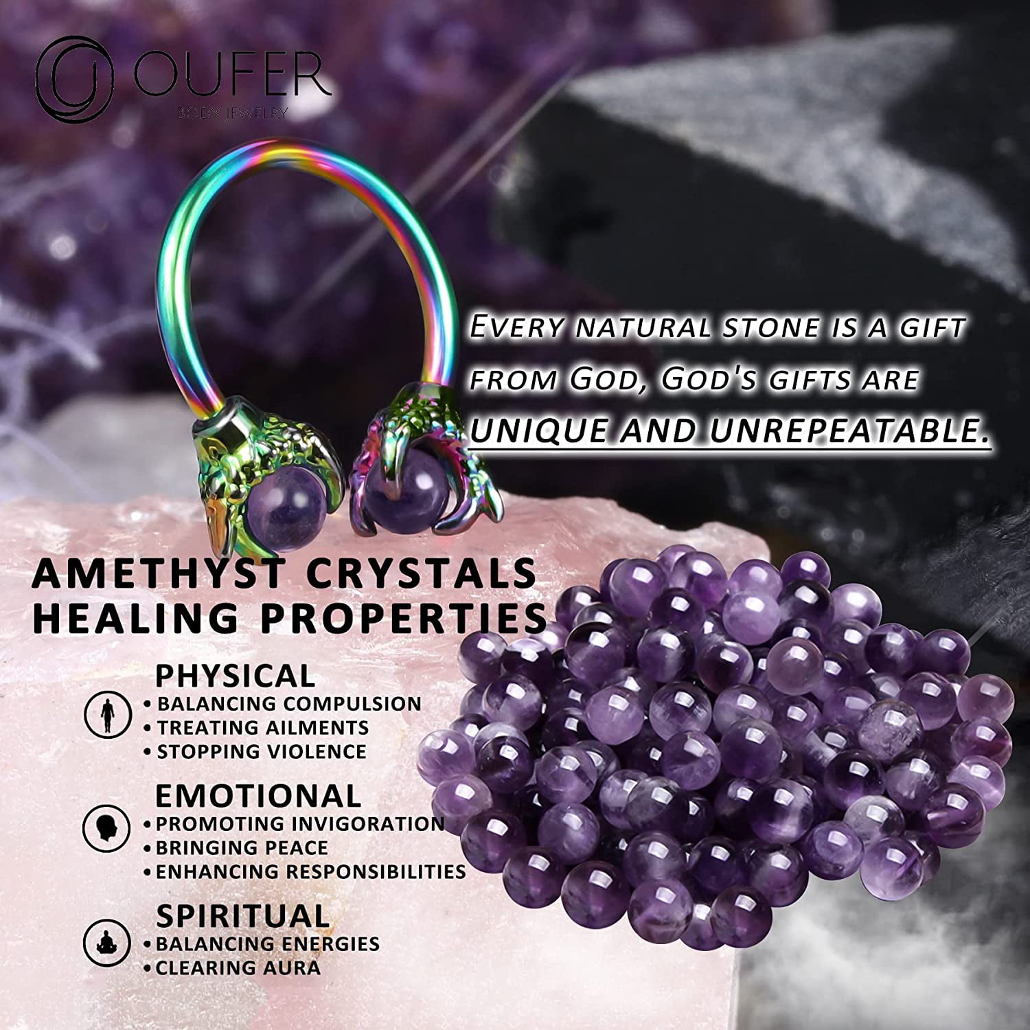 OUFER 316L Surgical Steel Captive Bead Rings Circular Earrings Two Amethyst  Opals Surrounded by Dragon Claws Cartilage Earing Ear Body Piercing 