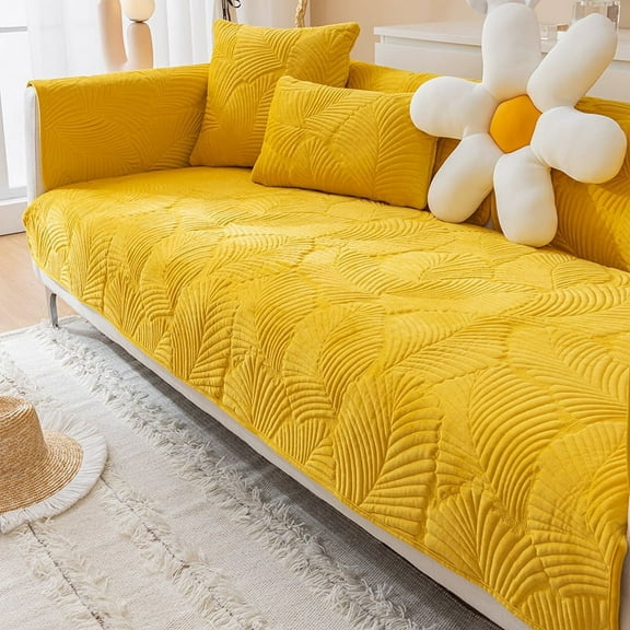 Mictong leaf jacquard sofa cover, thickened plush leisure corner L-shaped sofa cover, anti slip sofa cover, yellow, 1 piece