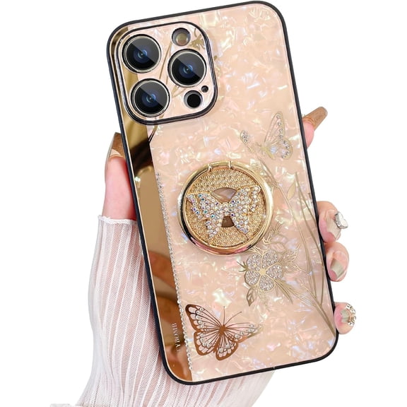 Phone Case Compatible with iPhone 15 Pro Bling Cute Butterfly Stand Glitter Diamond Design with Ring Luxury Plating Anti-Scratch Shell Texture Soft TPU Bumper for Women Girls 6.1" - Pink