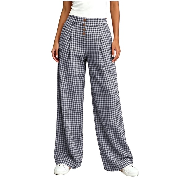 CHGBMOK Palazzo Pants for Women High Waist Button Front Trousers Plaid Casual Wide Leg Pants