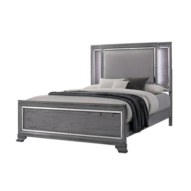 Cal King Bed With Led Lights, Light Grey Headboard Full Length Mirrored