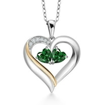 Gem Stone King 925 Silver and 10K Yellow Gold Heart Shape Lab Grown Diamond Pendant Necklace for Women with Green Nano Emerald (1.03 Cttw, Double Heart, 18 inch Chain)