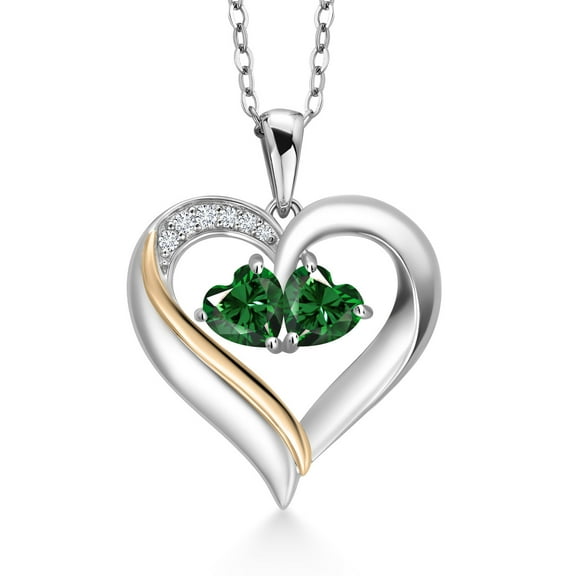 Gem Stone King 925 Silver and 10K Yellow Gold Heart Shape Lab Grown Diamond Pendant Necklace for Women with Green Nano Emerald (1.03 Cttw, Double Heart, 18 inch Chain)
