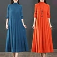 thumbnail image 3 of comerut Women Fall Winter Dress Knitted A-line Loose Hem Solid Color High Collar Neck Protection Thick Warm Long Sleeve Pleated Mid-calf Length Midi Dress, 3 of 8