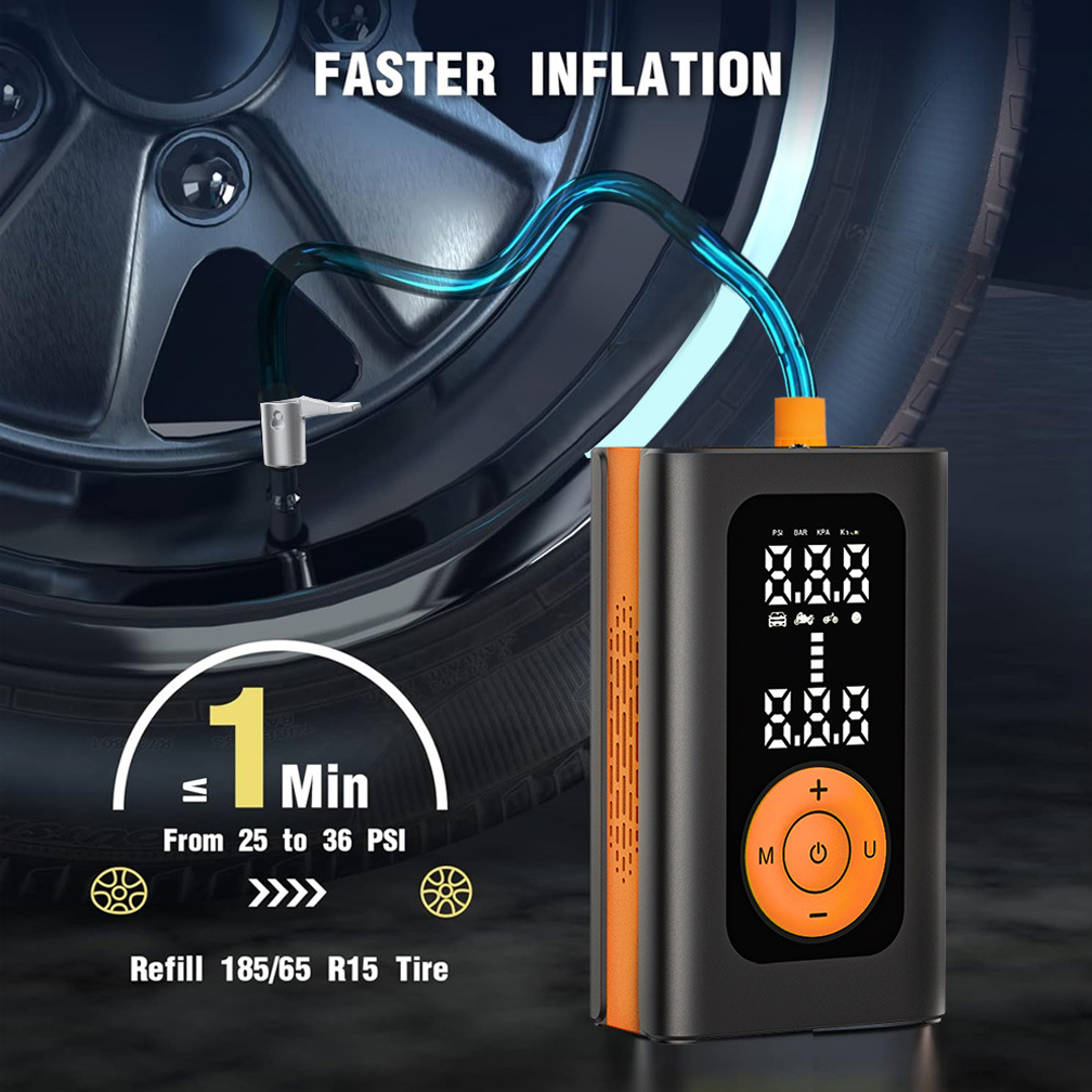 150 PSI Portable Tire Inflator, Cordless Air Compressor for Car, Bike & Motorcycle Tires with Pressure Gauge, Fast Inflation Air Pump (Orange, Small)