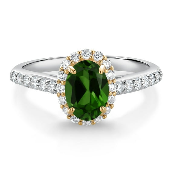 Gem Stone King 10K White Gold Green Chrome Diopside White White Lab Grown Diamond Halo Engagement Ring for Women (1.01 Cttw, Oval 7X5MM, Gemstone, Size 8)
