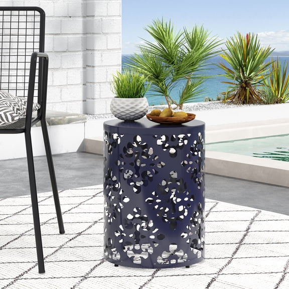 Outdoor Large Cylindrical Side Table, Floral Pattern Hollow Out Iron Tabletop for Patio Garden, Navy Blue