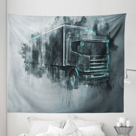 Truck Tapestry, Greyscale Illustration of a Tractor Trailer with Paint Smears Cargo Delivery, Fabric Wall Hanging Decor for Bedroom Living Room Dorm, 5 Sizes, Grey Turquoise, by Ambesonne