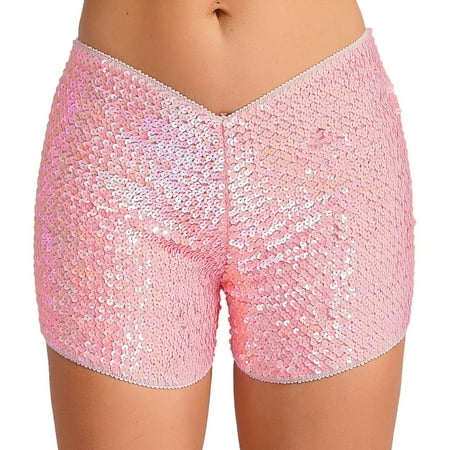 YONGHS Women s Sequin Sparkly Mini Booty Shorts Low Rise Rave Cheeky Shorts for Disco Festival Club Nightout Pink S