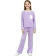 thumbnail image 3 of dazeni Boys Girls 2-15 Years 2 Piece Outfits Color Block Long Sleeve Tops and Straight Leg Pants Lightweight Spring Fall Housewear Sleepwear Purple 14-15Years, 3 of 5