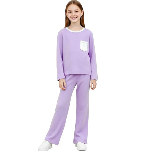 LEKWK Girls Casual Waffle Knit Set Long Sleeve Crew Neck Top Contrast Pocket Wide Leg Pants Soft Breathable Daily Loungewear Outfit