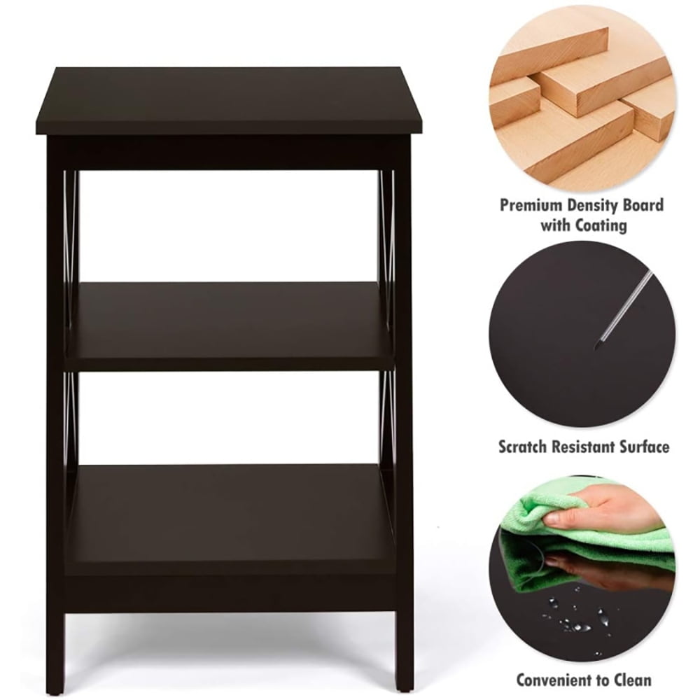 Finihen End Table, 3-Tier X-Design Nightstands with Storage Shelves, Bed Side Tables, for Living Room, Bedroom, Espresso Finihen End Table, 3-Tier X-Design Nightstands with Storage Shelves, Bed Side Tables, for Living Room, Bedroom, Espresso