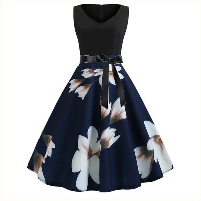 ICHUANYI Clearance Women's Fashion Vintage Print V-Neck Sleeveless Sexy Dress(Blue, M) ICHUANYI WER2023081115168