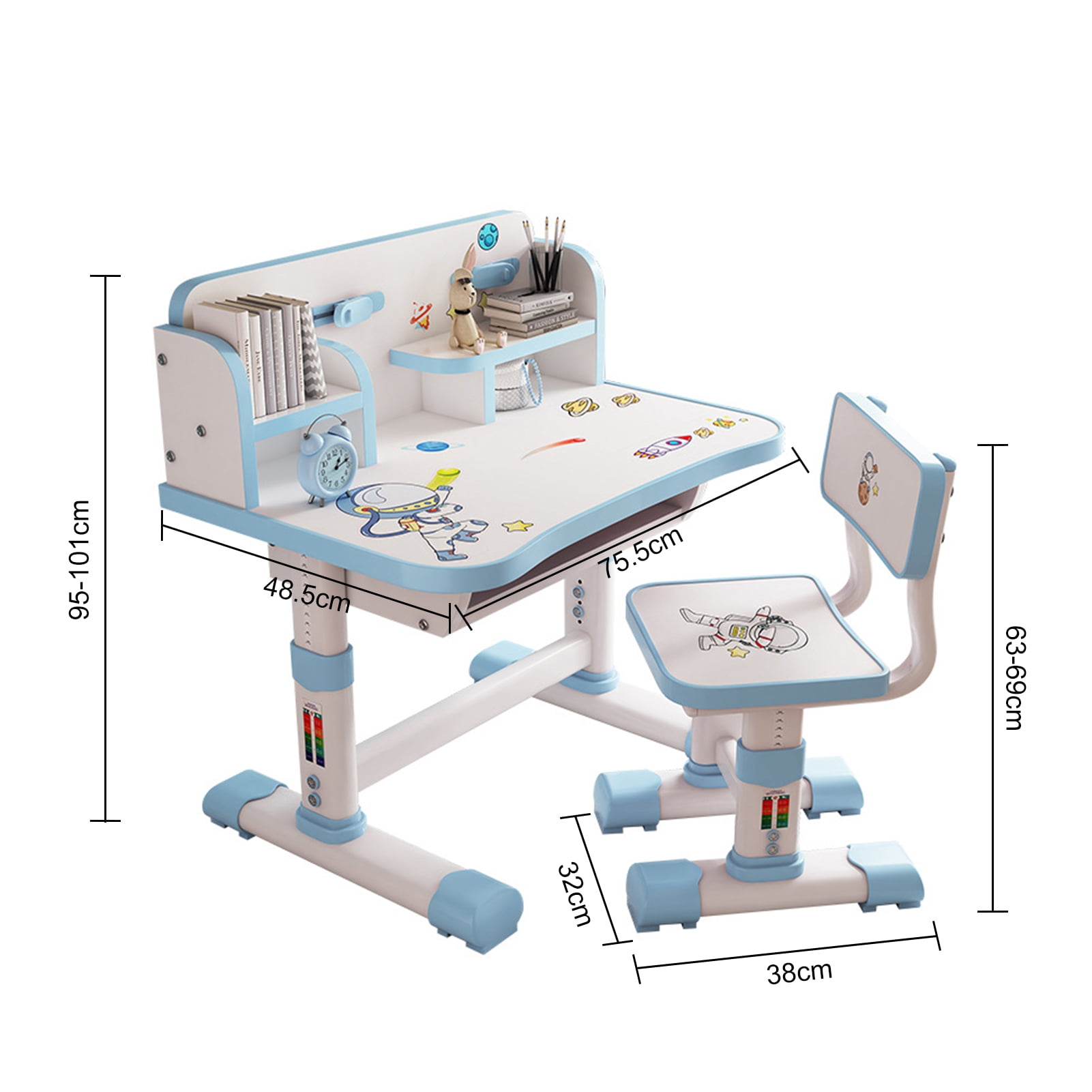 AQMD  Kids' Desk Chairs Set, Height Adjustable Child Study Desk with Castle Backboard, Widened Desktop, Bookstand and Storage Drawer (Blue)