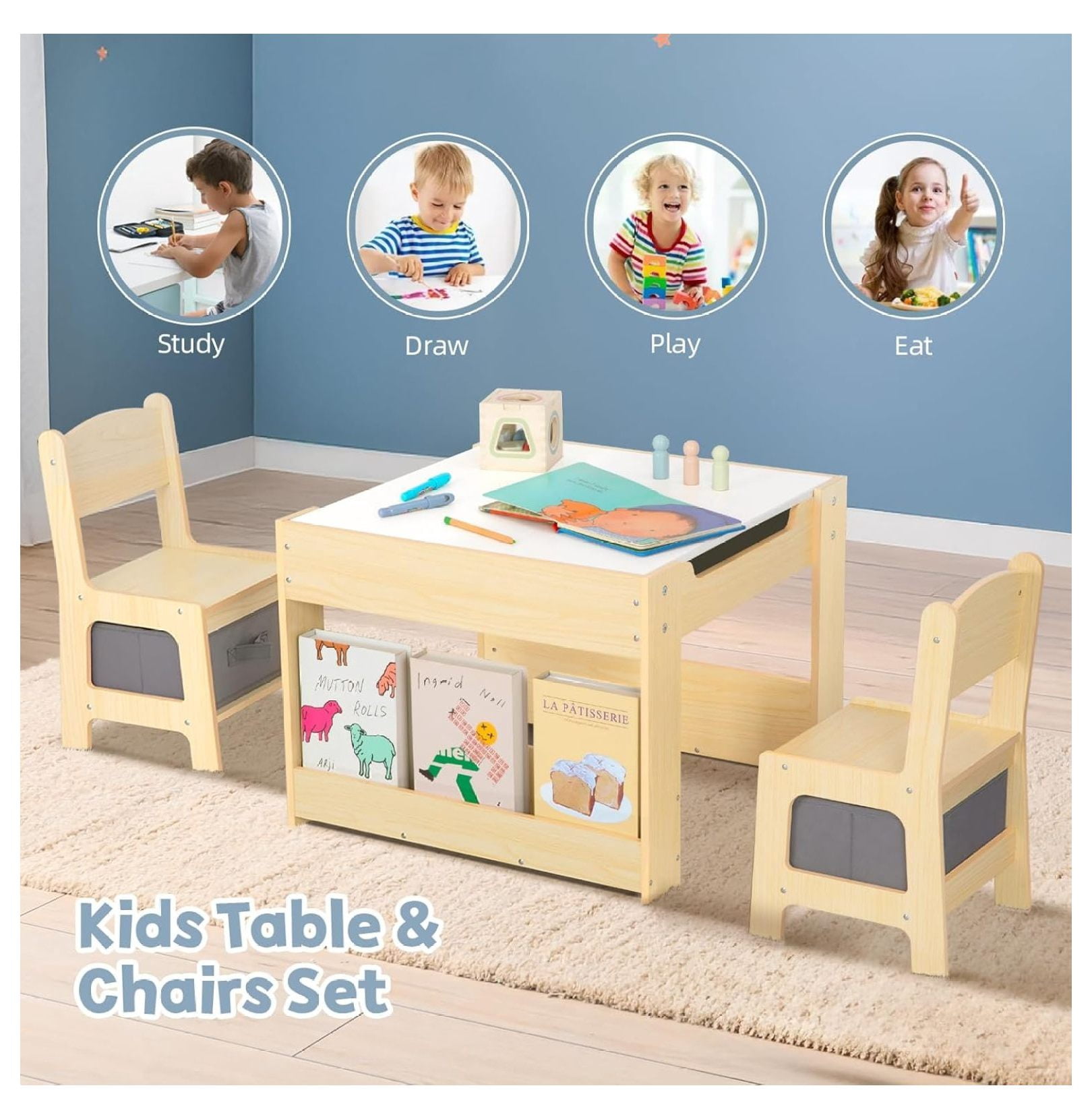 Kids Table and Chairs Ages 3-7, 4 in 1 Toddler Desk and Chair Set with Whiteboard, Blackboard, Storage Drawer and Book Rack. Toddler Activity Table for , and Playroom
