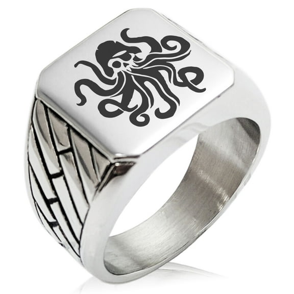 Stainless Steel Kraken Octopus Pirate Skull Geometric Pattern Biker Style Polished Ring
