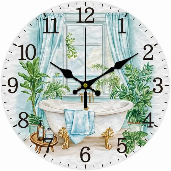 Bathroom Scene Wall Clock Bathtub Non-Ticking Clock 12 Inch Round Decorative Clocks Printed Wall Clock for Home Office Decoration