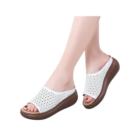 

SIMANLAN Women Slides Slip On Sandals Summer Wedge Sandal Ladies Comfort Shoe Womens Peep Toe Casual Shoes White Hollow Out 5