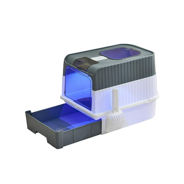 Caja de arena para gatos cerrada y cubierta Caja de arena para orina Caja de arena para gatos de lado alto Durable Bandeja de arena extraíble para Gris