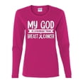 thumbnail image 2 of Wild Bobby My God Is Stronger Than Breast Cancer White Distressed Breast Cancer Awareness Women Graphic Long Sleeve Tee, Fuschia, XX-Large, 2 of 6