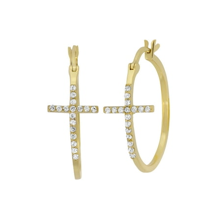 Cz 18kt Gold Over Sterling Silver Sideways Cross Hoop Earrings Cz 18kt Gold Over Sterling Silver Sideways Cross Hoop Earrings