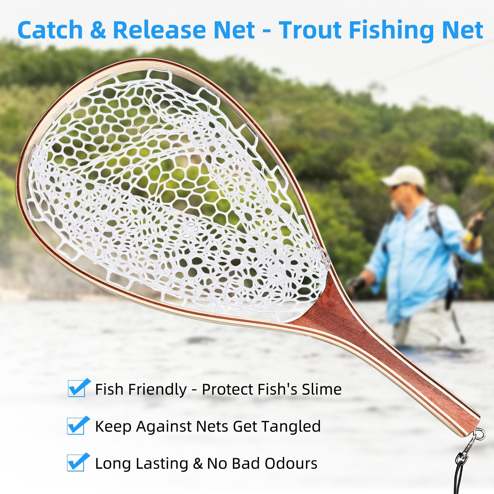 Fly Fishing Net, Soft Rubber Mesh Landing Nets for Fishing, Wooden Frame Catch and Release Net, Trout Fishing Nets with Handle, Fly Fishing Accessories for River, Lake and Stream