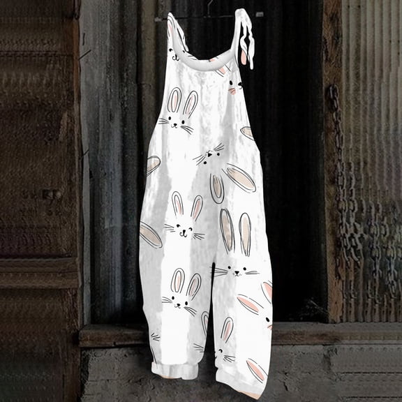 Easter One Piece Overall for Women Cute Bunny Print Wide Leg Jumpsuits 2026 Fashion Easter Rompers with Adjustable Straps