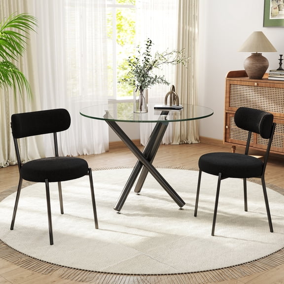 Katboc 36in Round Glass Dining Table and 2 Teddy Velvet Chairs Set, Modern Silver Aluminum Tray Black Legs, for Kitchen Dining Room, Black