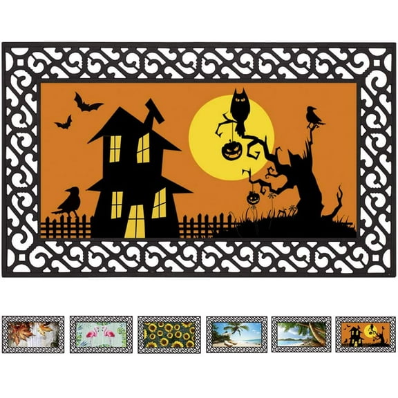 Rubber Welcome Door Mat, Decorative Indoor Outdoor Halloween Doormat Non Slip Front Door Mat, Easy to Clean Low Profile Mat for Entry Patio Garage High Traffic Areas, 17.7" x 29.5" (Halloween)