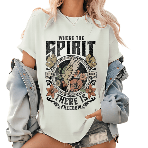 Stylish "Spirit Of The Lord, Freedom" Religious Tops for Women Charming Graphic Tees Featuring Floral, Bird And Biblical Text Design Fashionable Short Sleeve Casual Tops