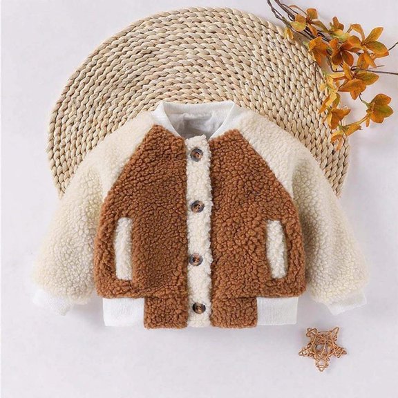 Bxsruta Jacket for Boys, Solid Fleece Baseball Jacket for Children, Long Sleeve Plush Outerwear with Button Closure