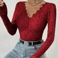 thumbnail image 3 of TNOBHG Slim Fit Bodysuit Women's Lace Bodysuit Flower Embroidery Deep V Neck Long Sleeve Slim Fit See-through Solid Color Soft Breathable Spring Playsuit, 3 of 8