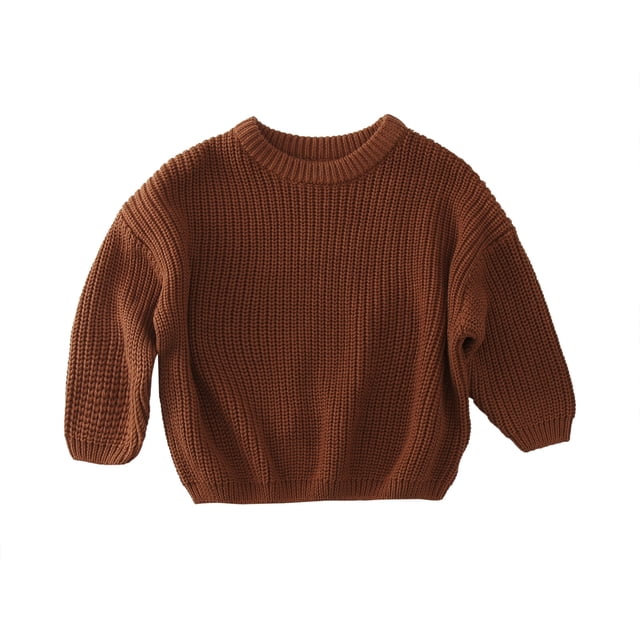 Glisme Chandail en Tricot pour Filles Automne Hiver Thermique à Manches Longues chandail Col Rond Léger Marron, 2-3 Ans