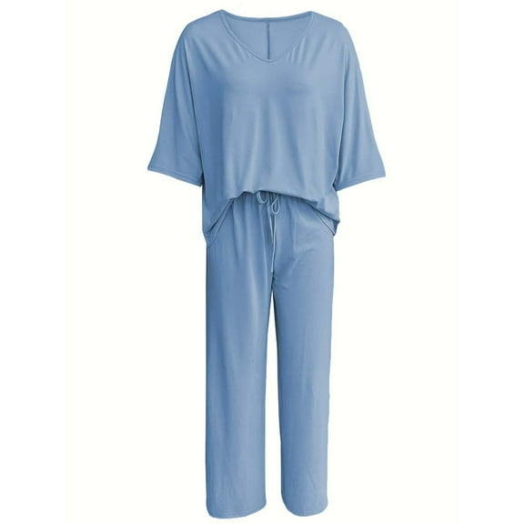 BUIGTTKLOP 2 Piece Sets for Women Matching Lounge Sets Short Sleeve V Neck Top Wide Leg Pants Summer Outfits