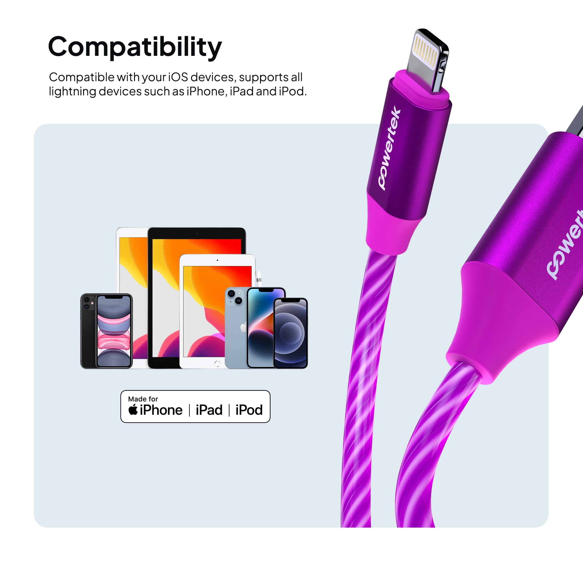 Powertek MFi-Certified Light-Up Spiral USB-A to Lightning Charging Cable, 5 ft, Purple