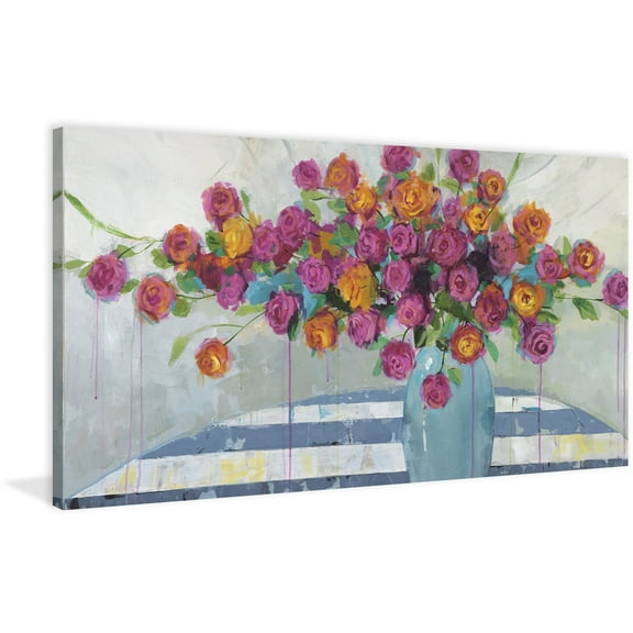 MARMONT HILL  - 'Stripes and Blooms' by Julie Joy Painting Print on Wrapped Canvas - Purple 36 x 18