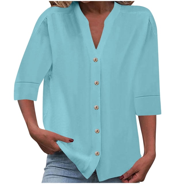 Timegard Womens Tops 1/2 Sleeve V Neck Button down Shirts Casual Loose Lightweight Blouse Solid Color