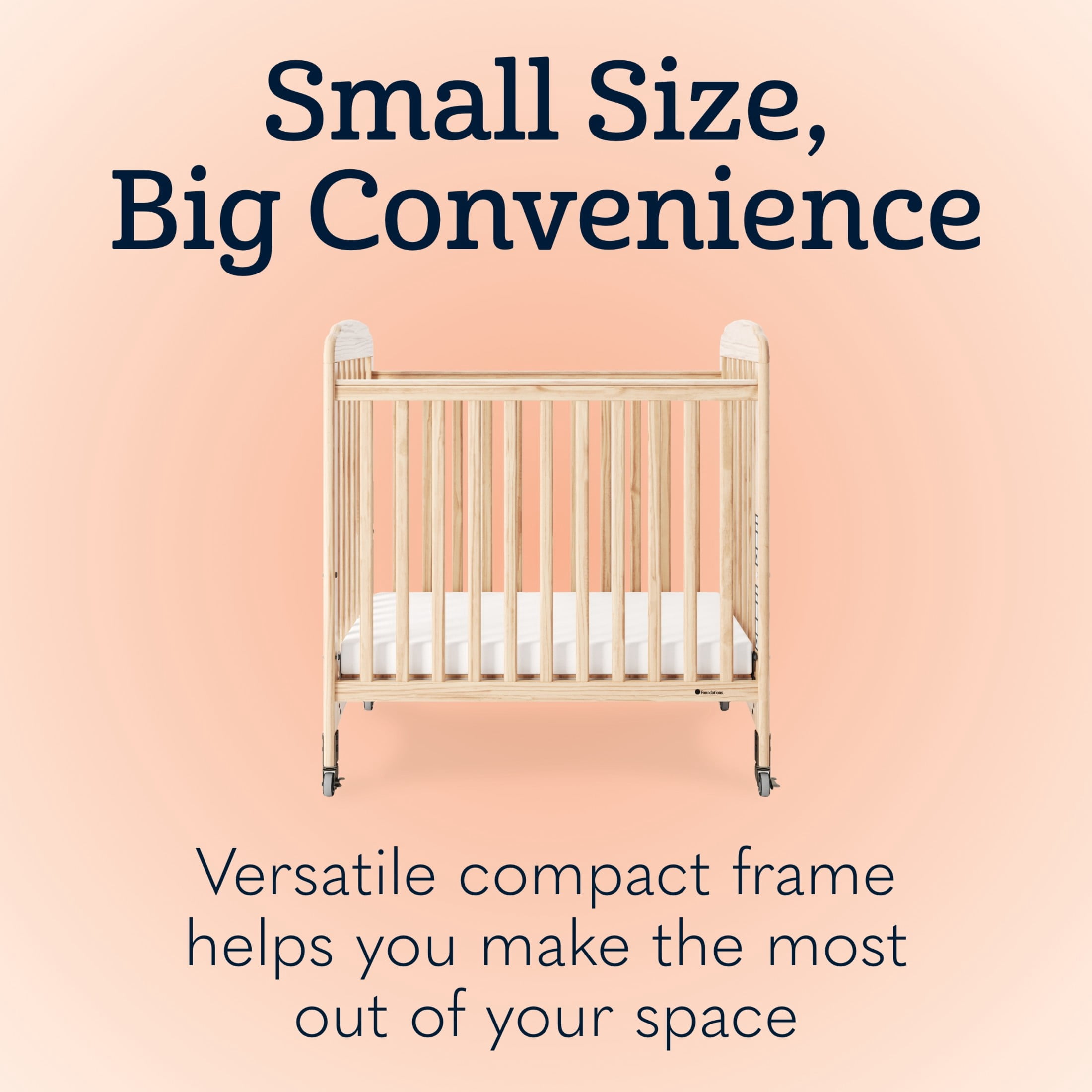 Foundations Serenity Compact Clearview Crib with 3" Foam Mattress, Locking Casters, Adjustable Height