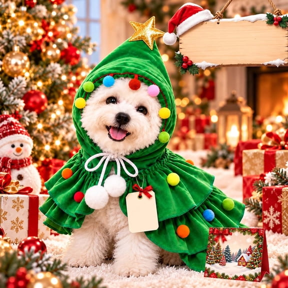 Christmas Dog Cat Outfit Green Reindeer Costume Cloak Elf Small Pets Xmas Tree Star Pompoms Holiday Winter Parties Photoshoots Family Gatherings Seasonal Celebrations Comfortable Fit Puppies