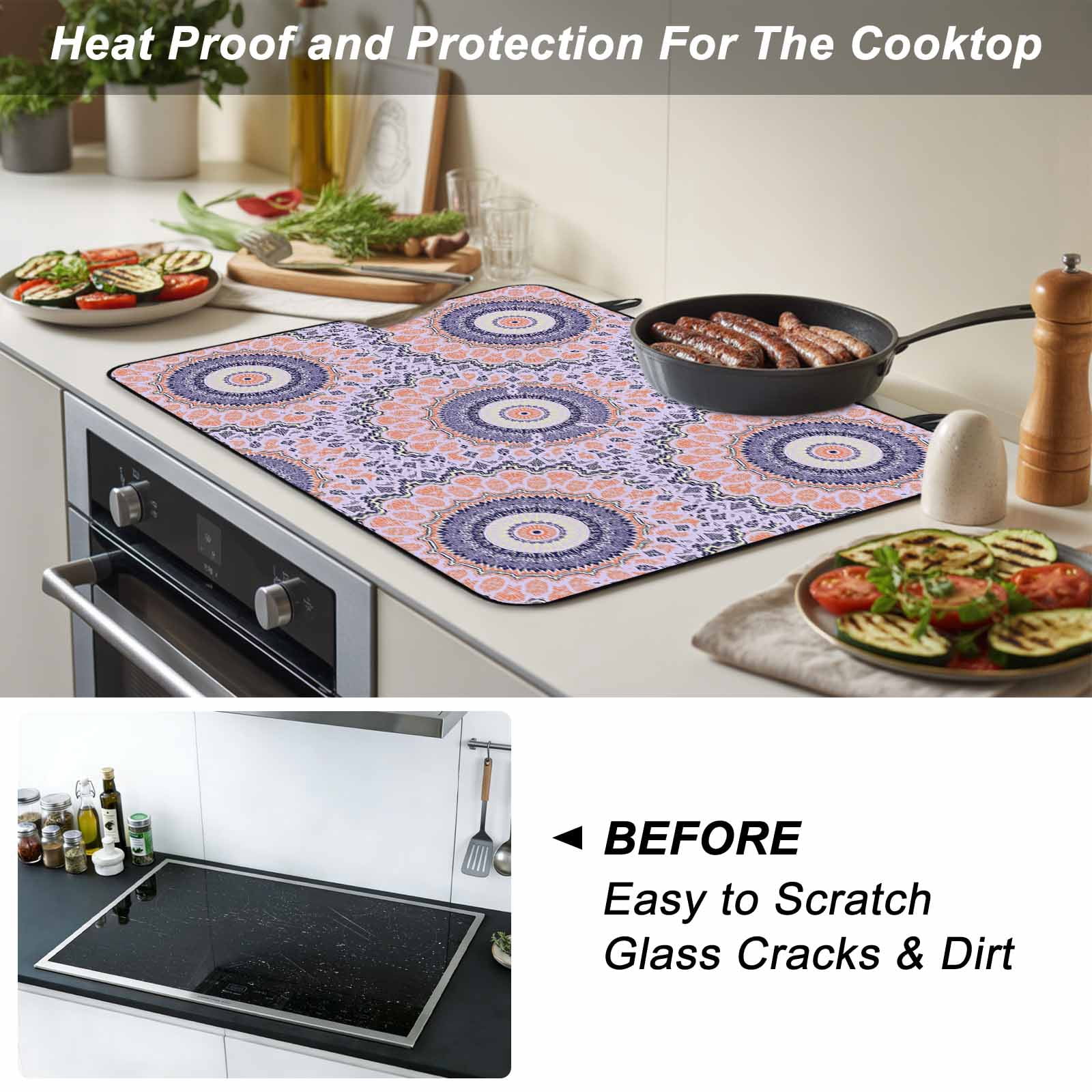 Pink Purple Geometric Stove Top Cover for Electric Stove, Heat-proof & Non Slip Glass Top Stove Cover Protector, Ethnic Indian Modern Abstract Art Kitchen Flat Cooktop Rubber Mat 24x21 Inches