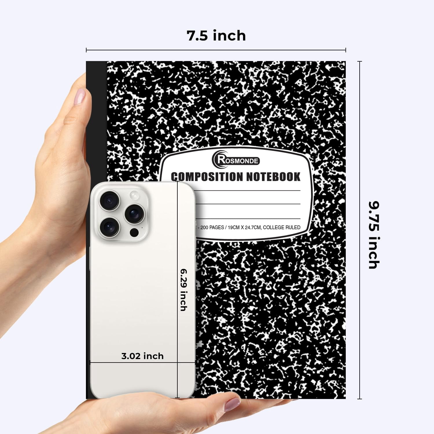 Rosmonde Composition Notebooks Bulk, 50 Pack, College Ruled, 200 Pages (100 Sheets), 9.75 x 7.5 in, Hard Cover Black Marble, Bulk Notebooks for School, College & Office Use
