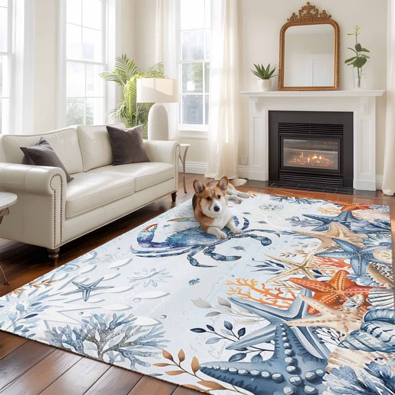 Oceans Marine Life Large Area Rugs 8x10 ft Coastal Orange Blue Crabs Starfish Gradient Washable Rug Non Slip Indoor Carpet Absorbent Floor Mat for Living Room Bedroom Dining Room