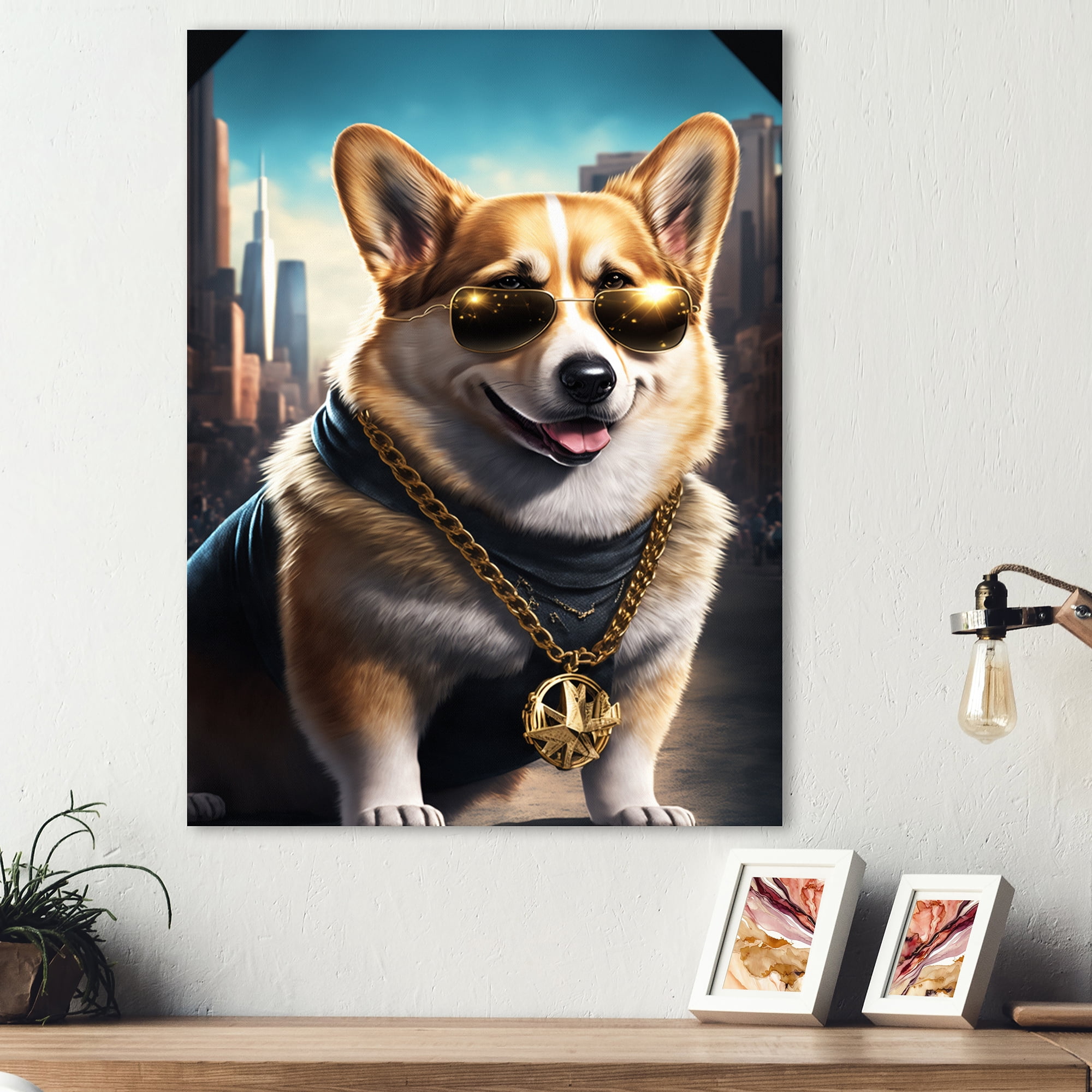 Designart Pembroke Welsh Corgi Gangster In NYC II Canvas Wall Art