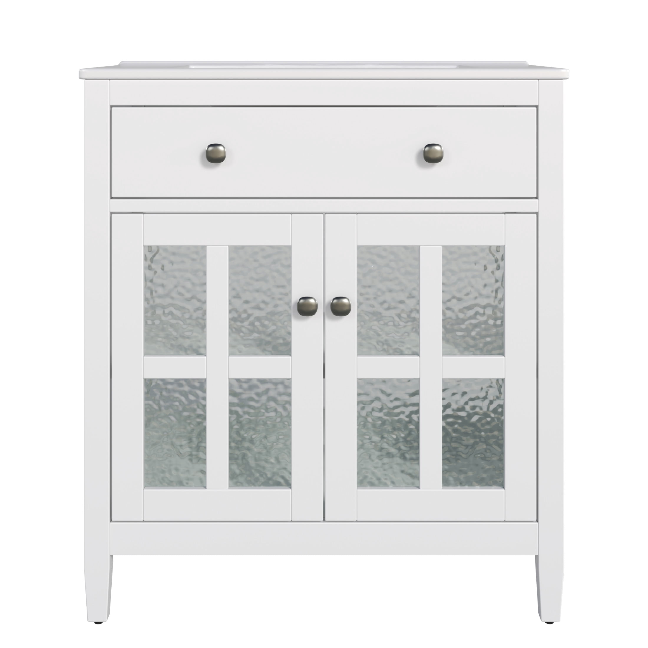 Christopher Knight Home 30" Bathroom Vanity with Sink, Glass Door, Tip-Out Tray, Solid Wood Legs, White