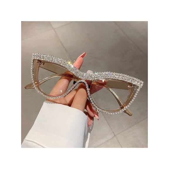 Women's Luxury Elegant Eye Frames with Sparkling Crystal Embellishments, Nude Beige Non-Prescription Fashion Glasses, Decorative Full Frame Eyewear for Parties and Formal Events