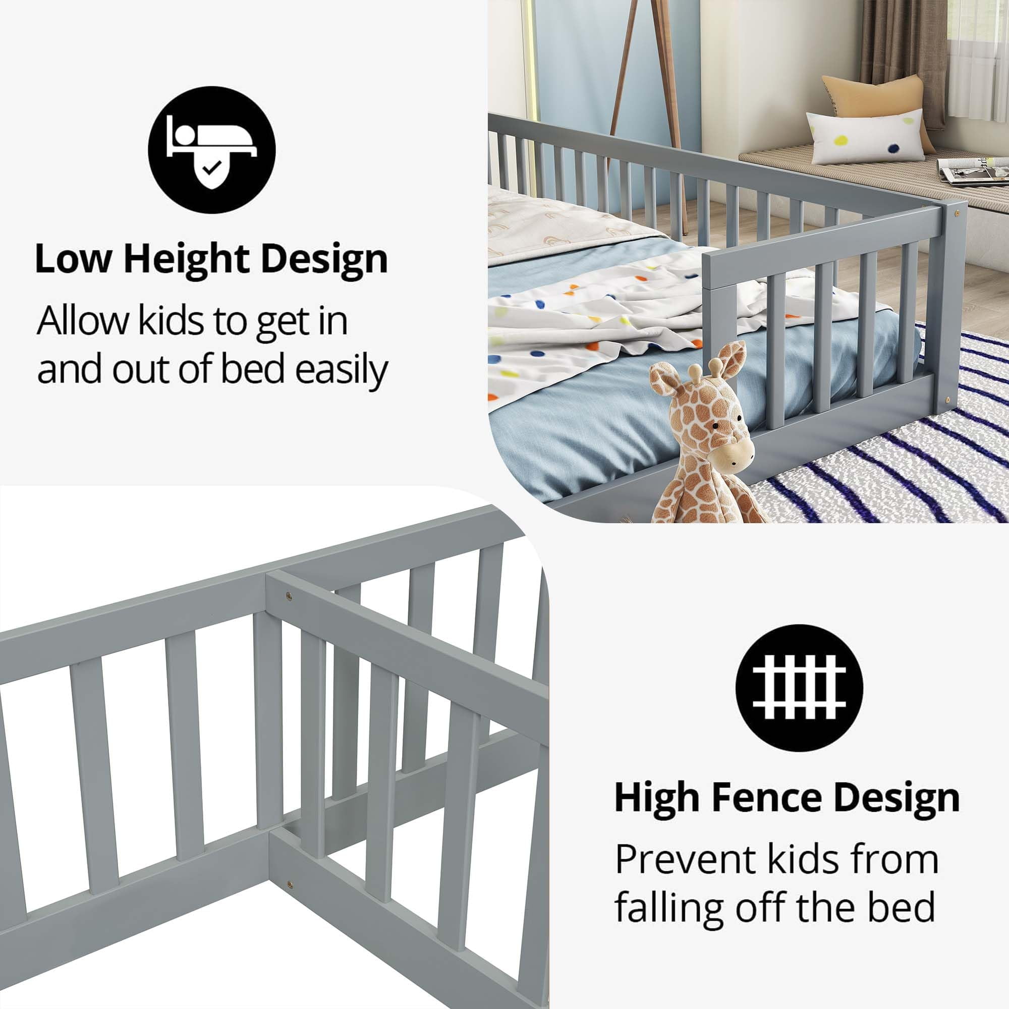 Twin Floor Bed for 2, Montessori Bed Frame with Fence, Wooden Double Floor Bed with Guardrails for Two Boys Girls, Box Spring Needed, Gray