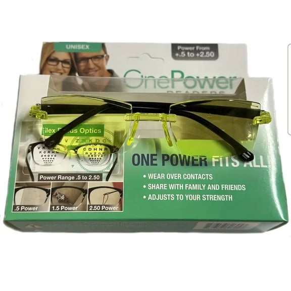 One Reader( night vision ) Unisex Reading Glasses with Flex-Focus, Auto-Focus, Progressive Plastic Rimless Lens, Yellow Light Blocking Tint, 1 Pair