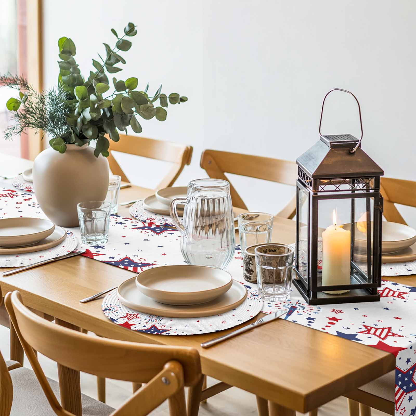 4th of July Round Table Placemats set of 6, Patriotic Red Blue Stars Fireworks Washable Woven Place Mats for Dining Tables Kitchen Party Decor,Heat Proof, 13in, White
